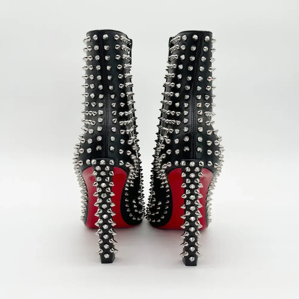 Christian Louboutin Black Condora Booty Spiked Leather Heeled Ankle Boots EU 40